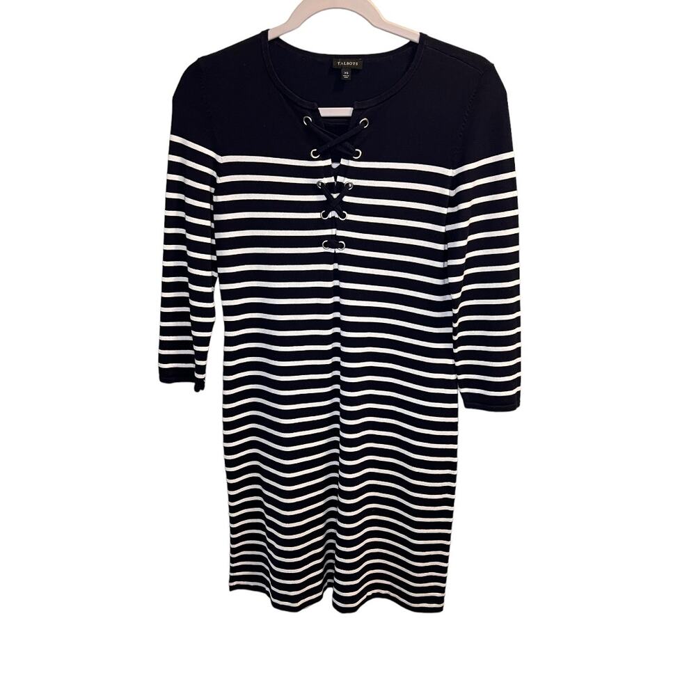 Talbots Crisscross Nautical Striped Jersey Knit Dress XS Navy Blue & White